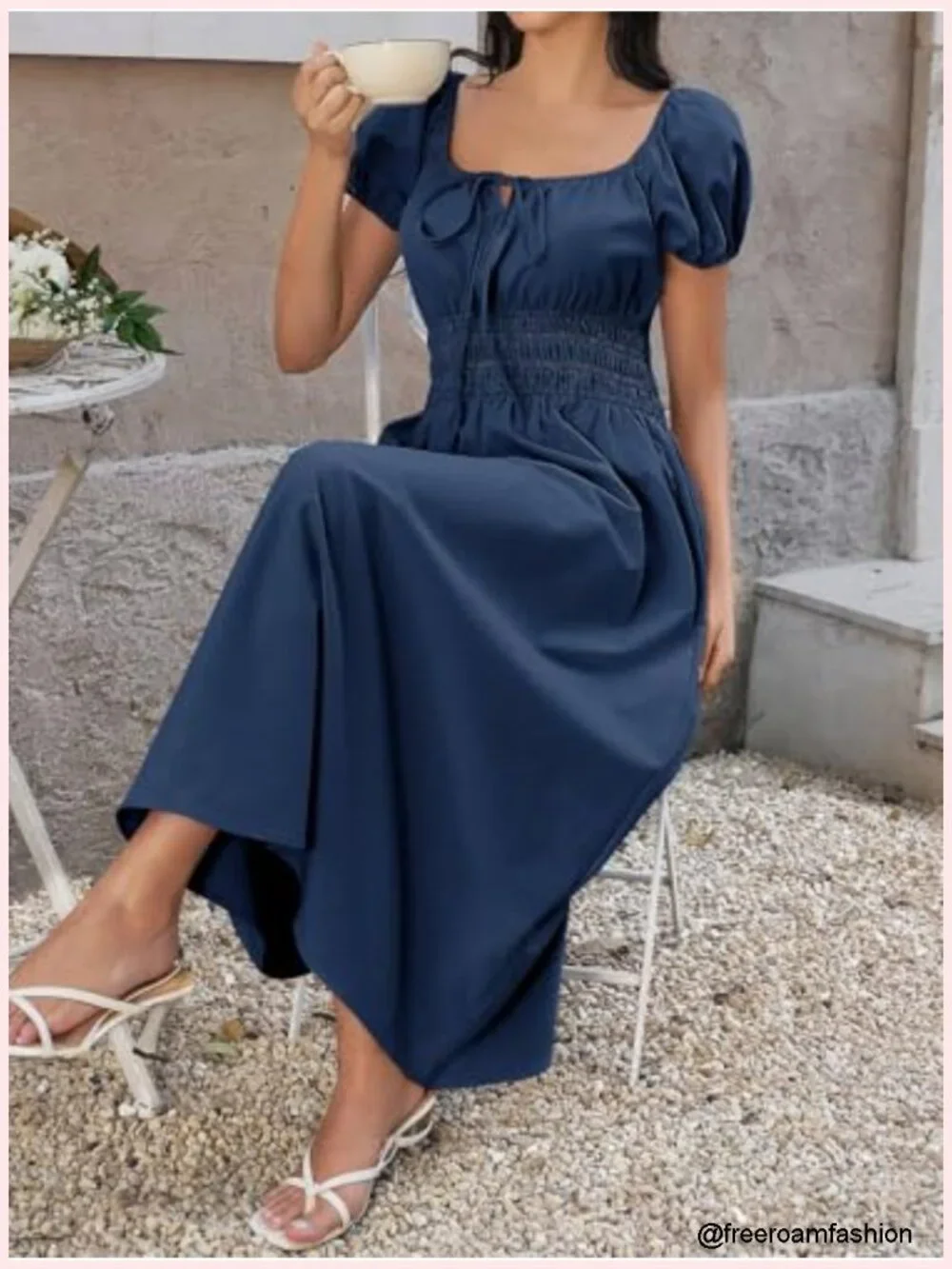 Short Puff Sleeve Midi Dress Scoop Neck A-Line Sundress with Pockets